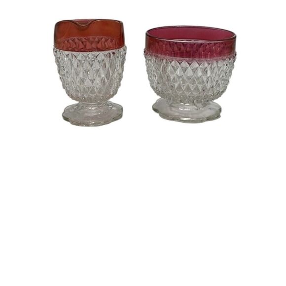 Vintage Indiana Glass Ruby Red Trim Diamond Point Cream and Sugar Set - Picture 2 of 11
